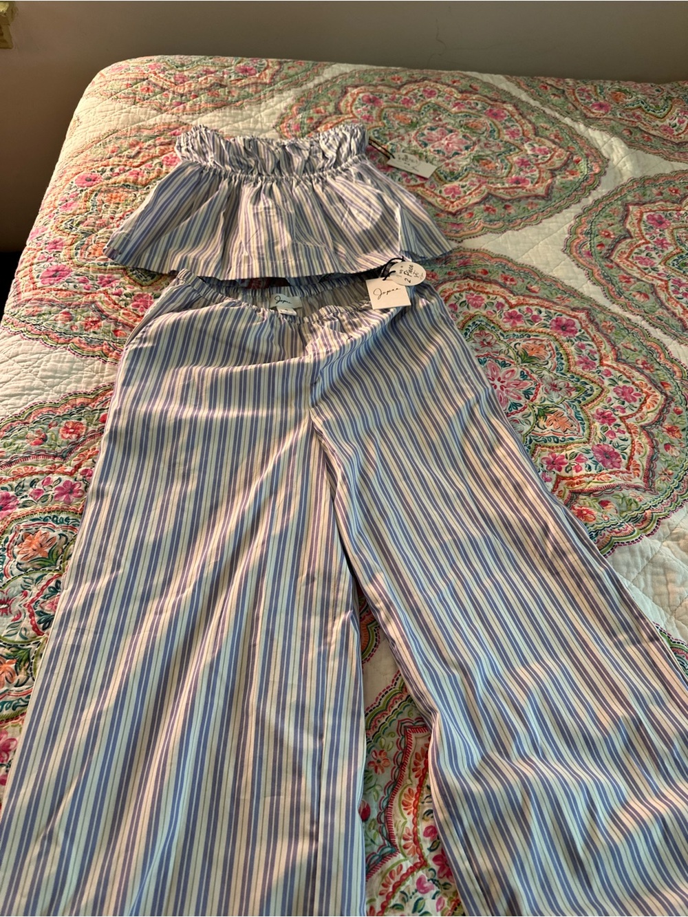 Striped Wide-Leg Pants & Crop Top Set - Blue Multi
